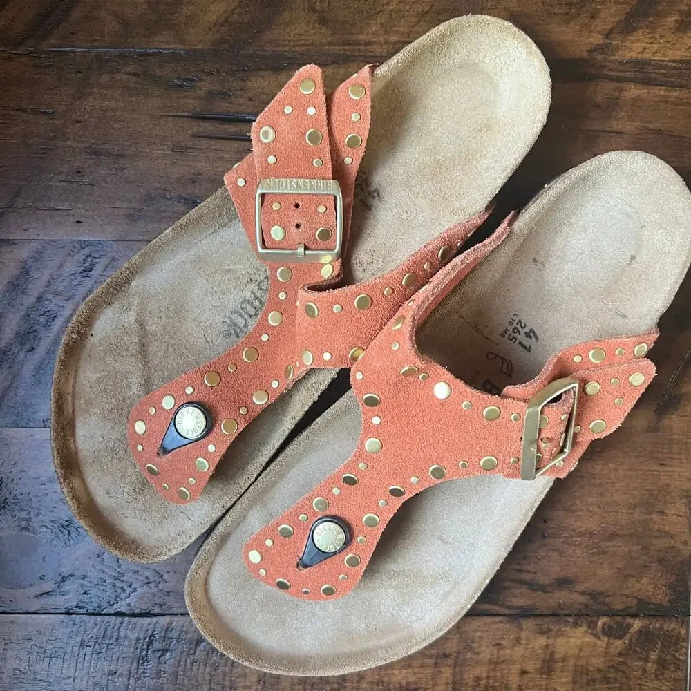 Birkenstock Gizeh Rivet Border Sandals 41 Dark Rust Terracotta Suede Thong Stud - Picture 3 of 16